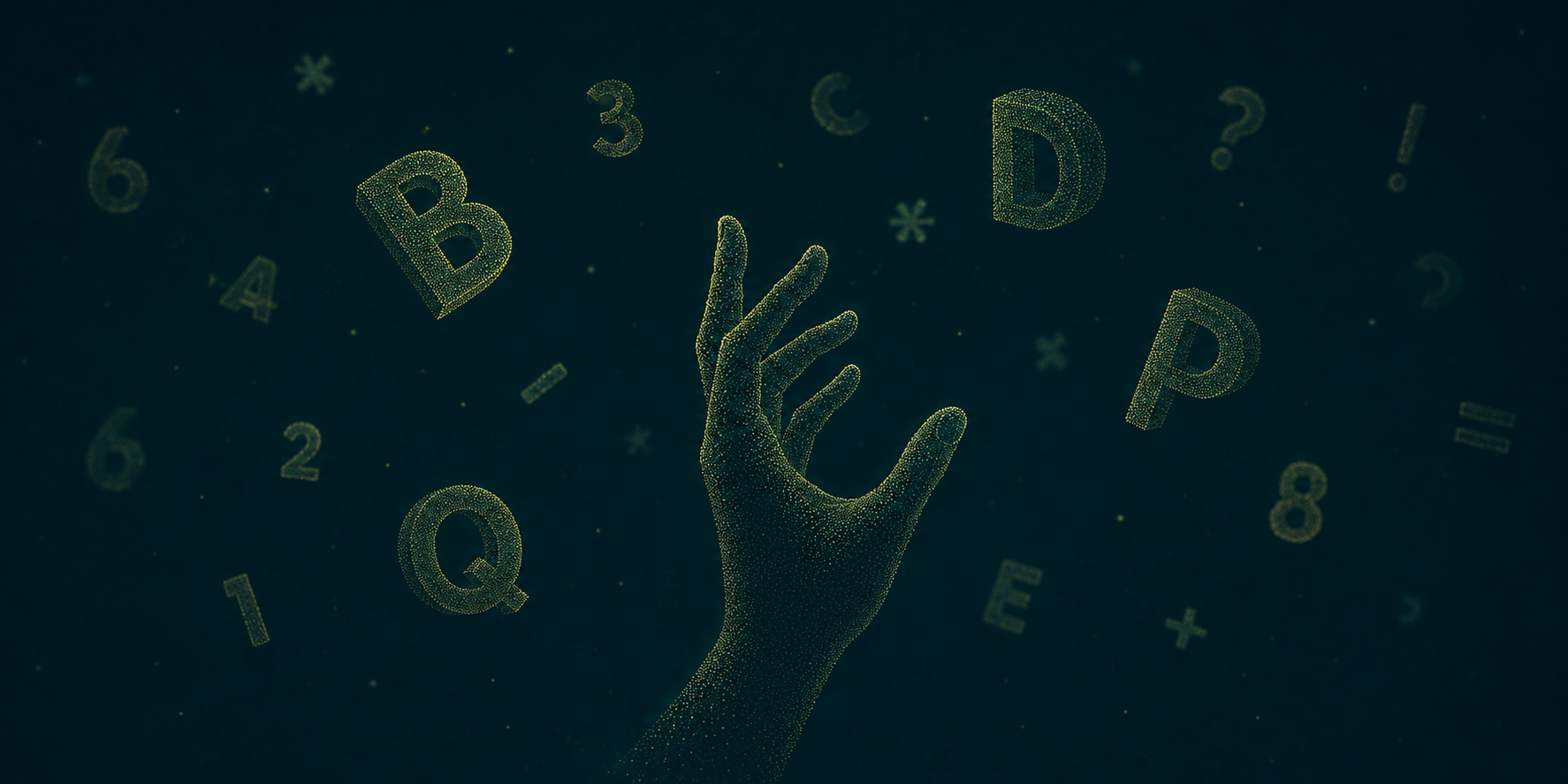 A hand reaching upward toward letters and numbers drifting through the dark.