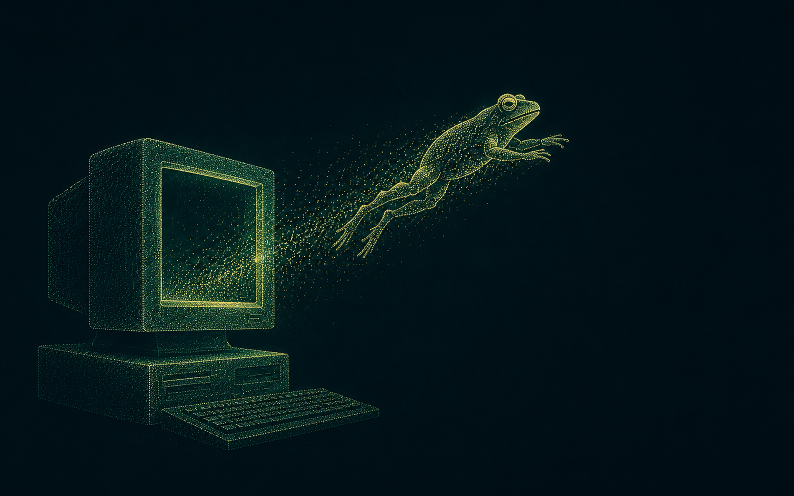 A frog leaping out of an old CRT computer monitor, dissolving into points of light.