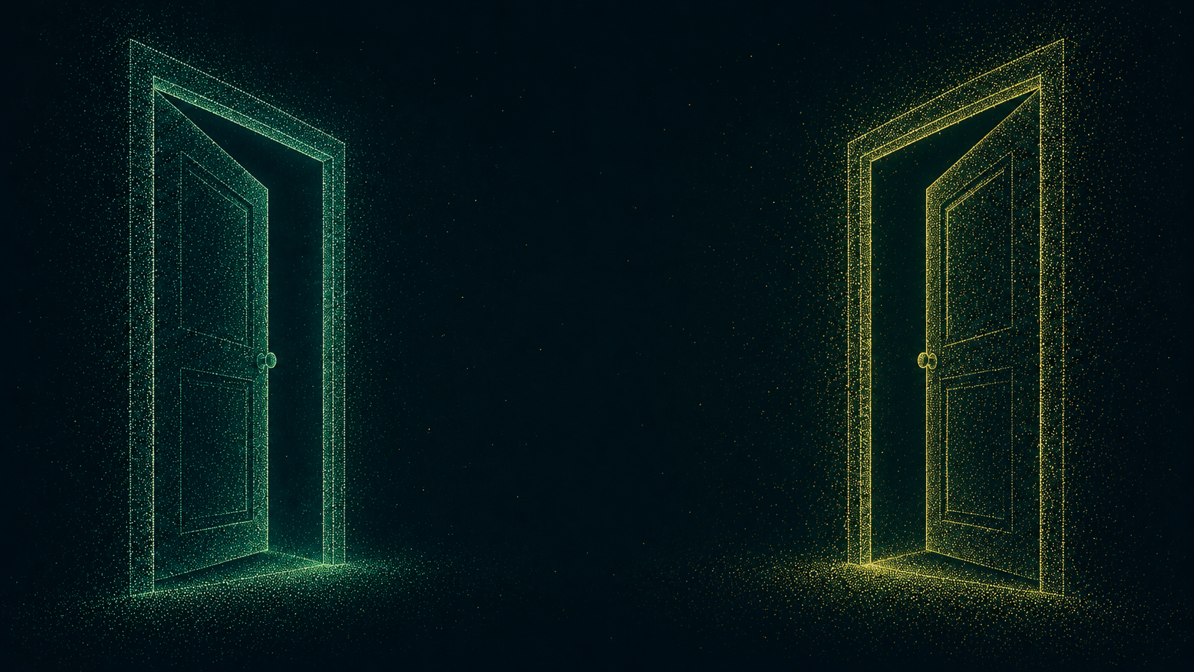 Two glowing, particle-drawn doorways standing open in the dark — one green, one amber.