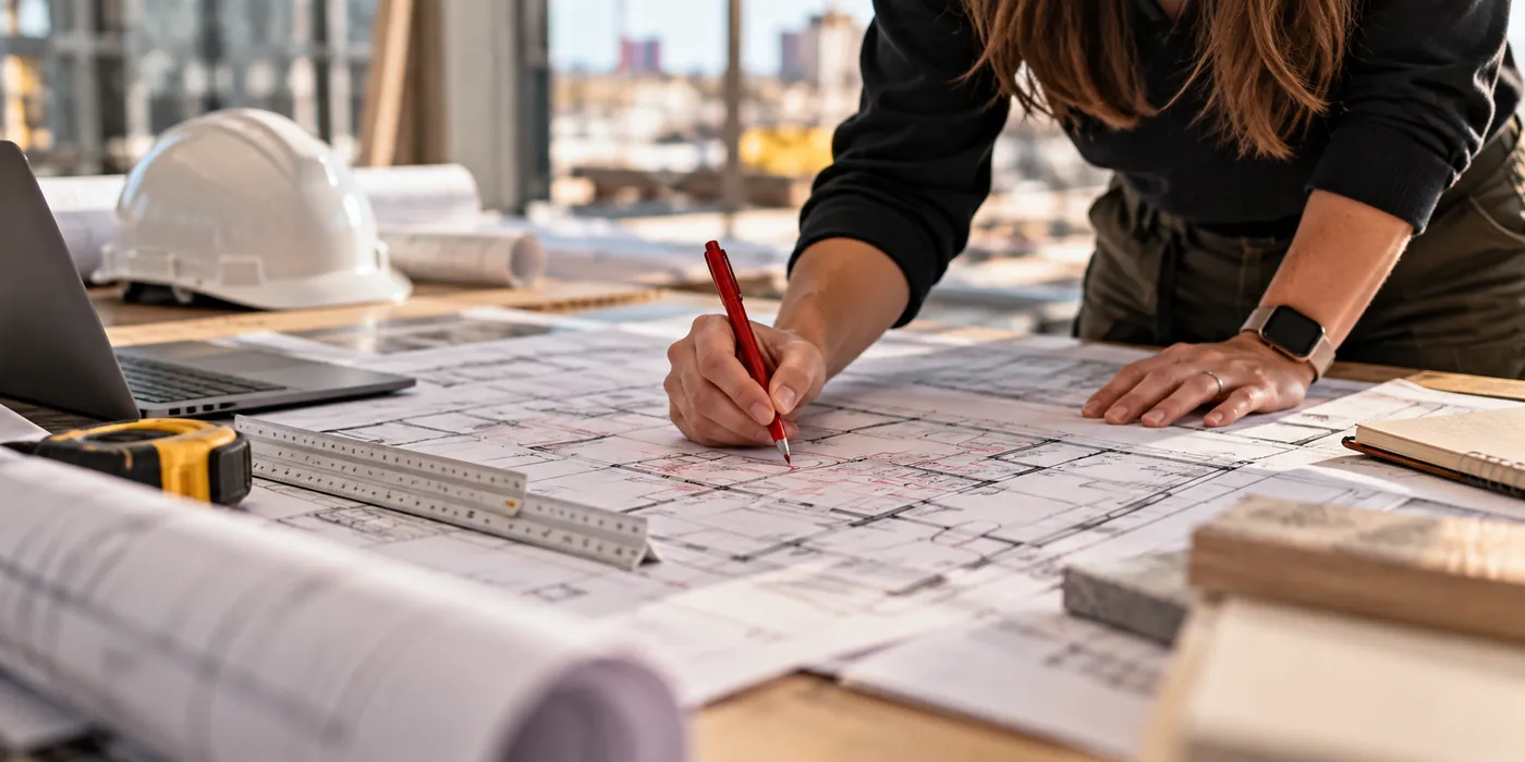 An architect marking up floor plans on a drafting table
